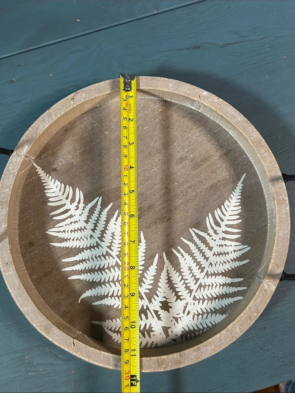 Hand Crafted Natural Wood Tray with White Fern and Black Handles | 11” Round